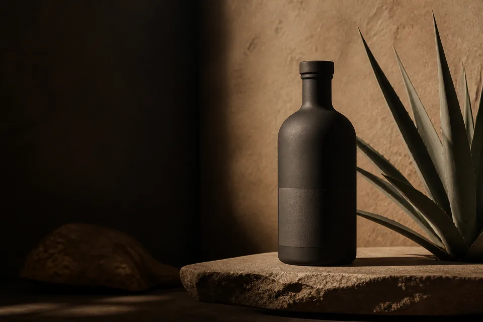 Botella premium minimalista de sotol sobre piedra con luz cálida